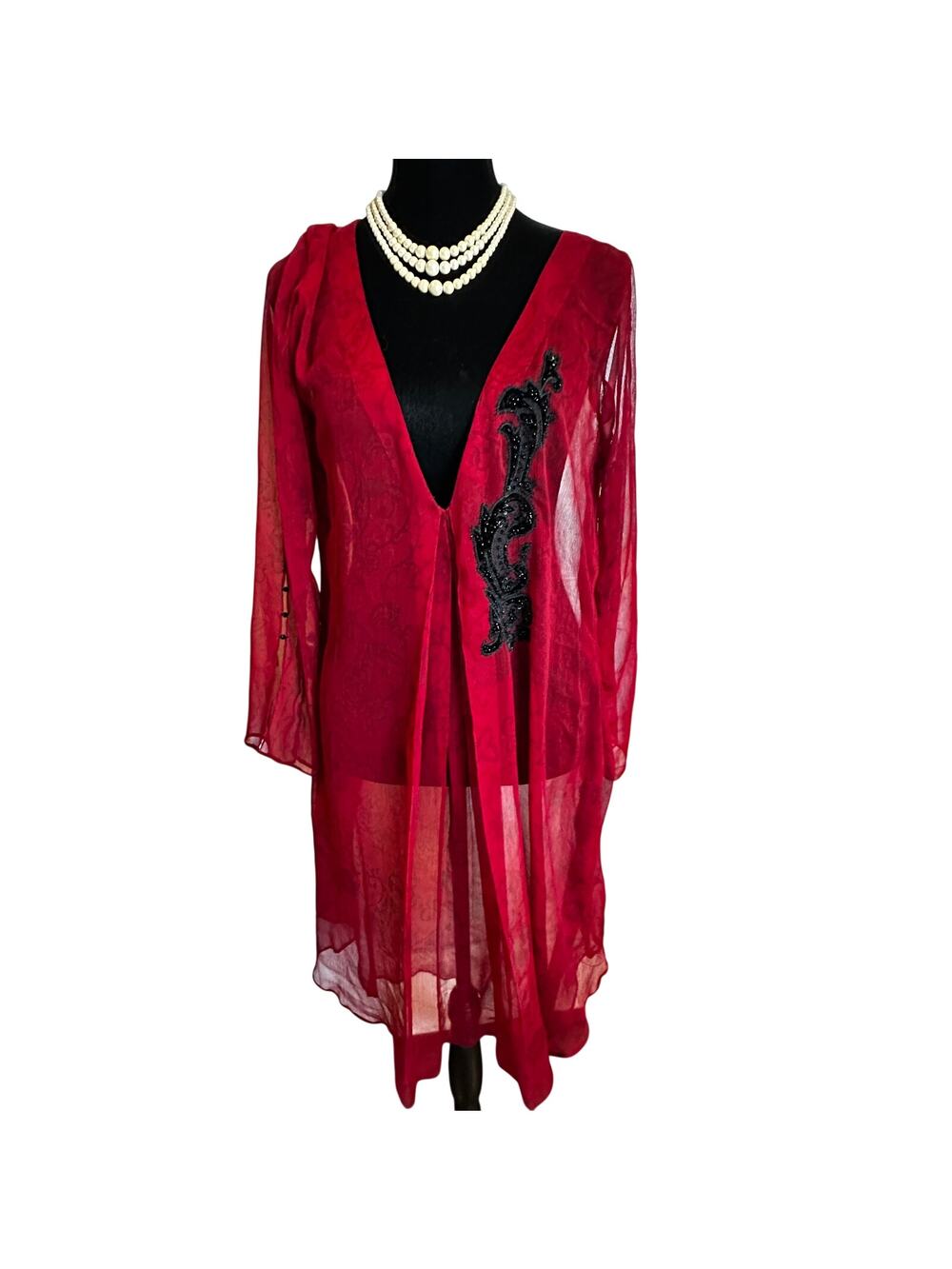 Tina Atil Kaftan Duster Chiffon Beaded Applique Damask Whimsigoth Romantic Goth